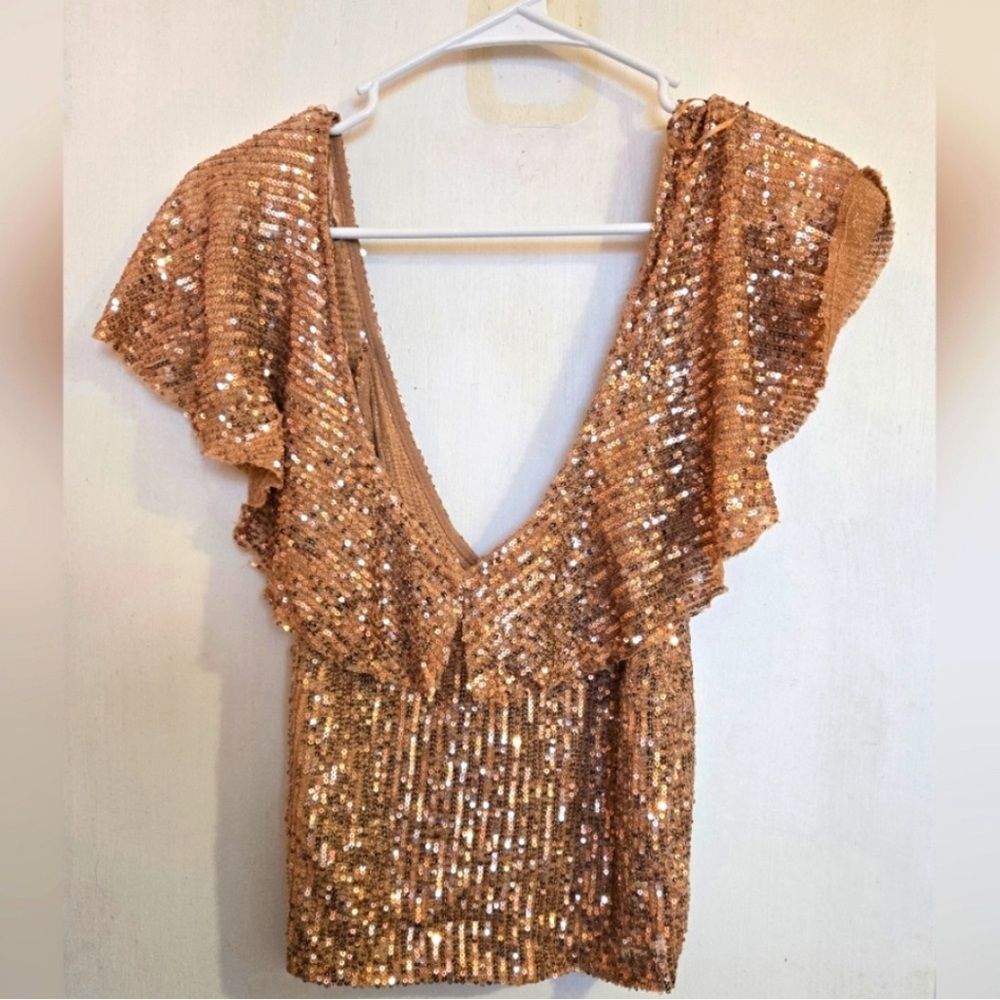 Zara Gold sequin ruffles v neck top
